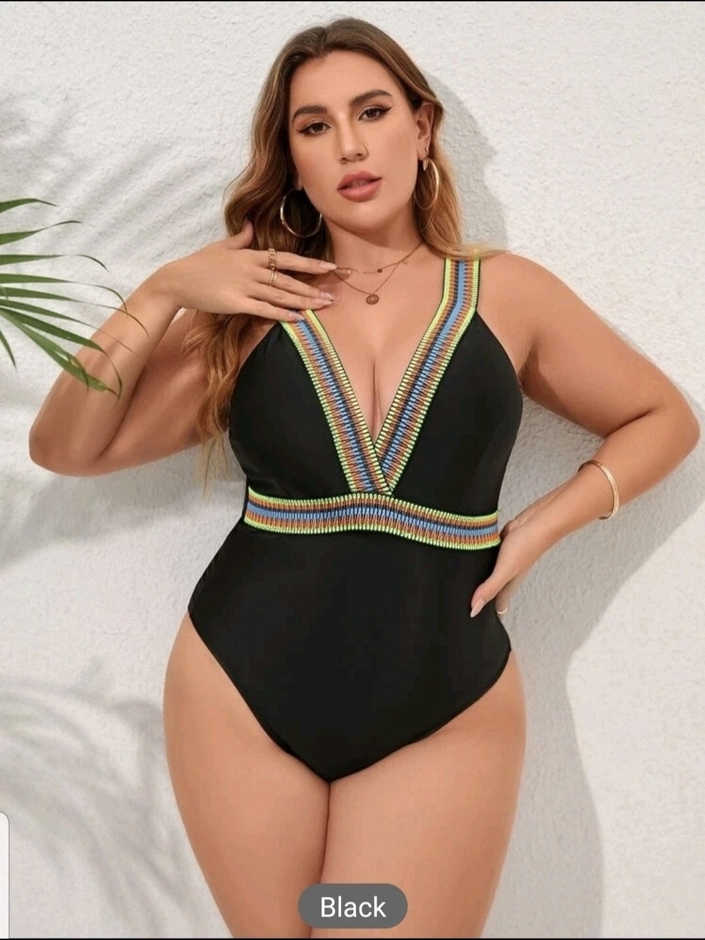 Shein Curve Black One-Piece Swimsuit with Colorful Striped Trim - Picture 2 of 11
